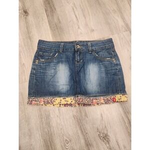 VTG EDC Esprit Y2K Reworked Blue Denim Mini Skirt Floral Hem Boho‎ Waist 36